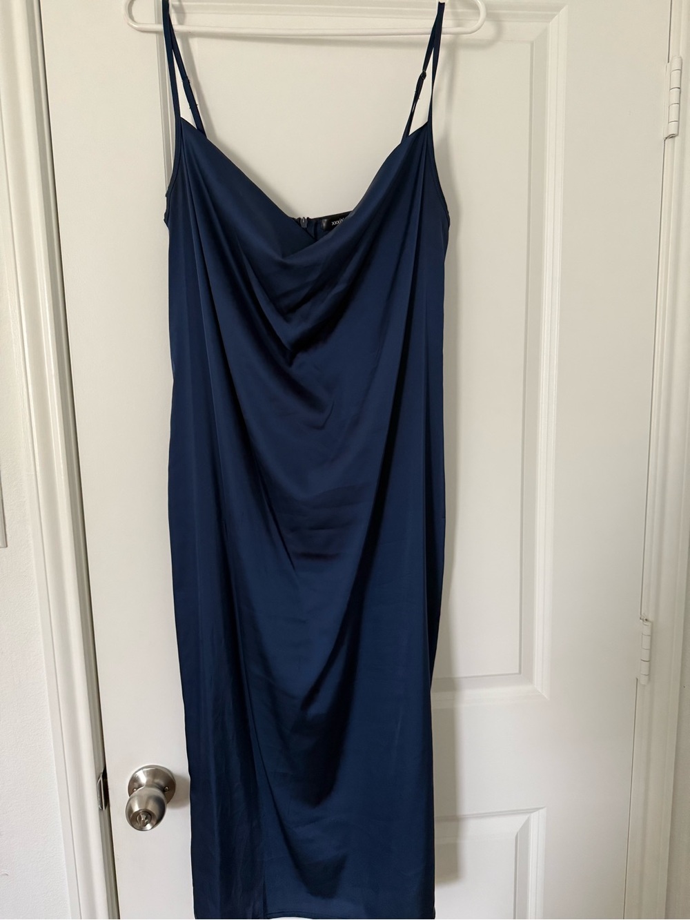 Amazon Navy Satin Cowl Midi Slip Dress